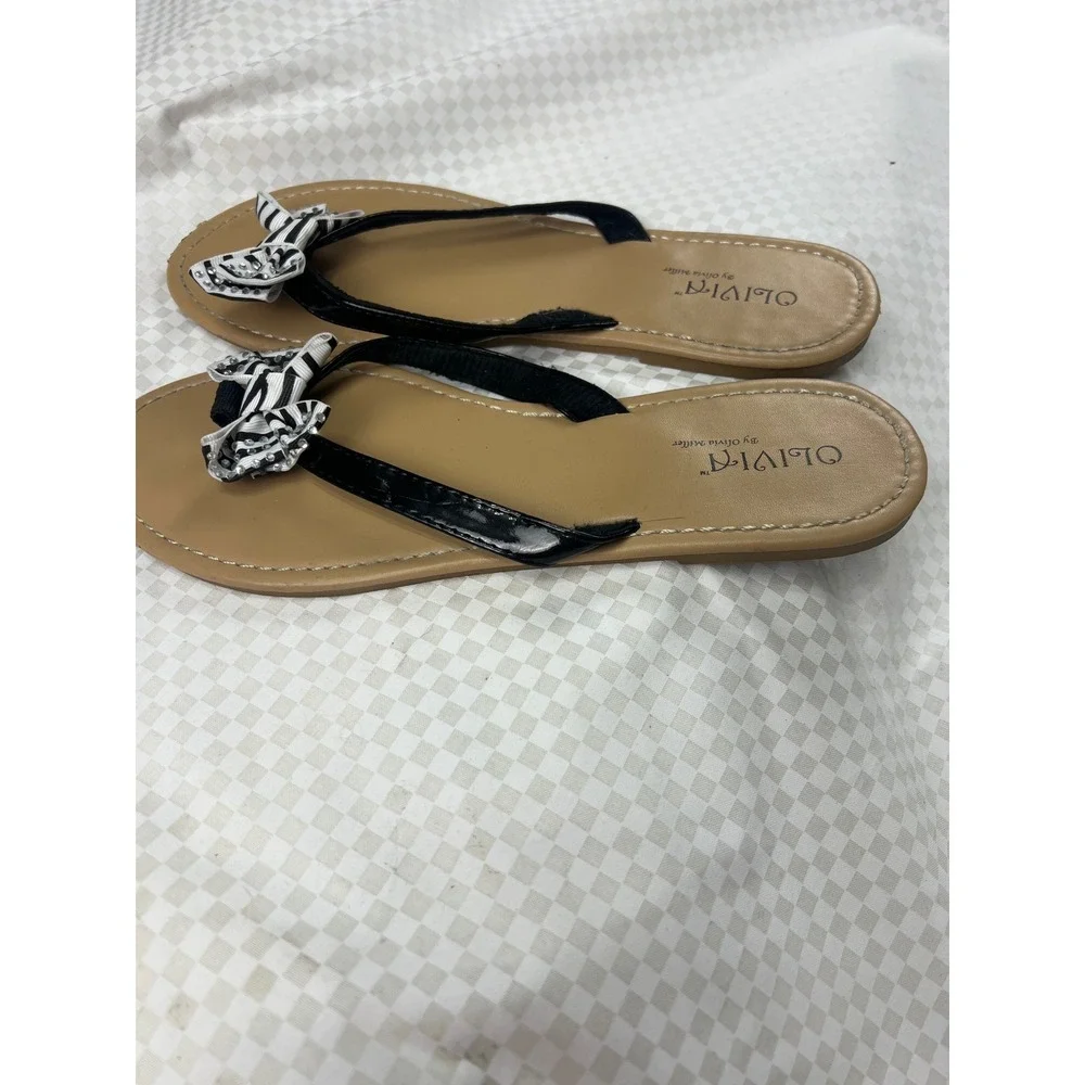 Olivia Miller Womens Flip Flop Sandals Black/White Striped Bow Rhinestone 10‎